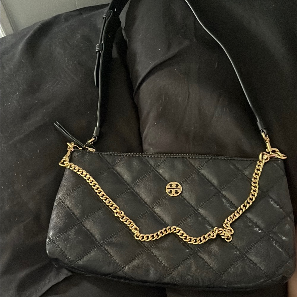Tory Burch Black and Gold Quilted Willa Zip Shoulder Bag